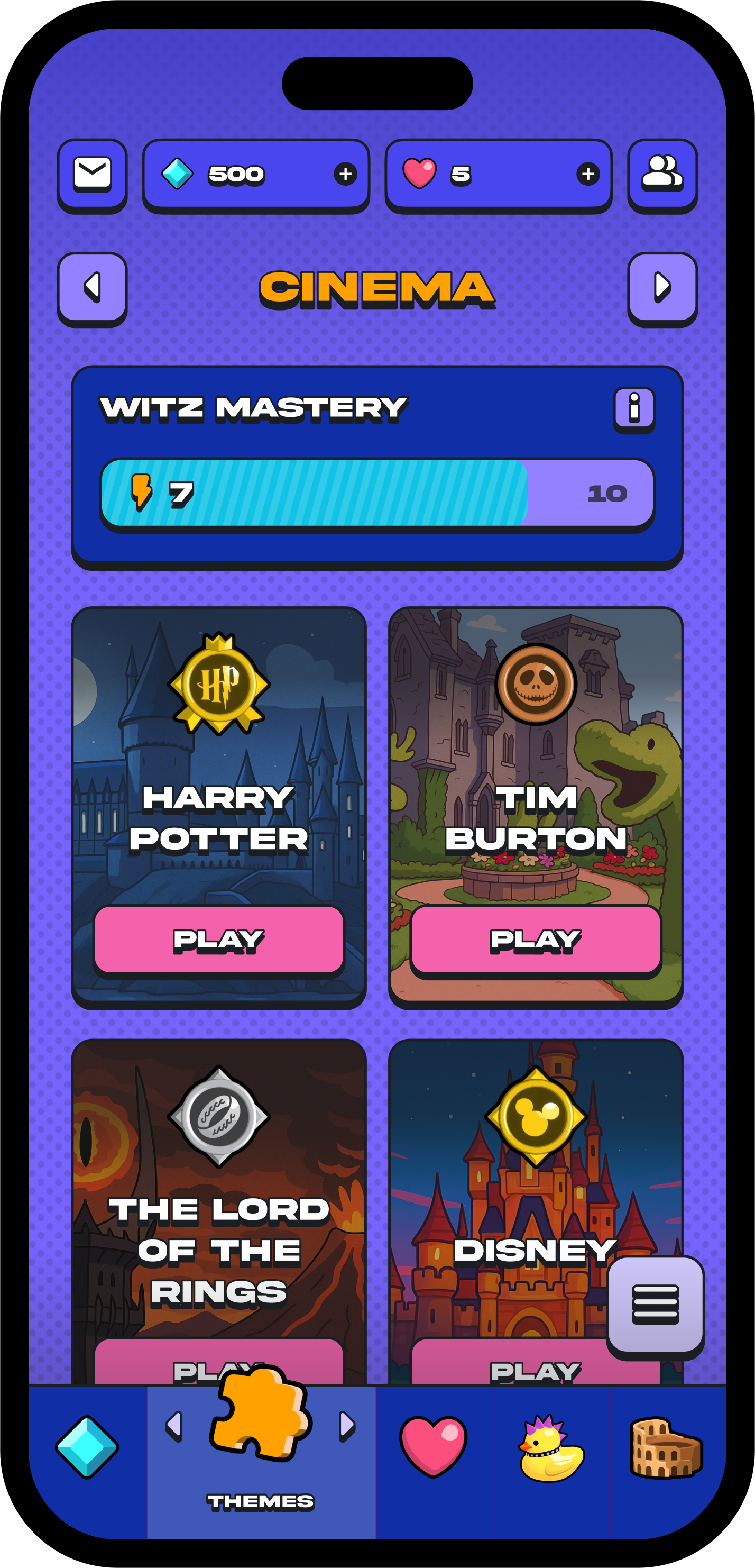 app image showing the themes list of witz